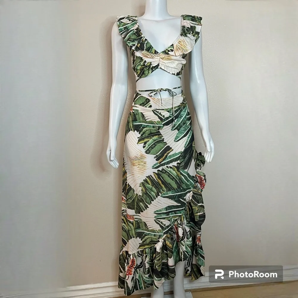 Green multi smocked back ruched crop top split thigh midi skirt set